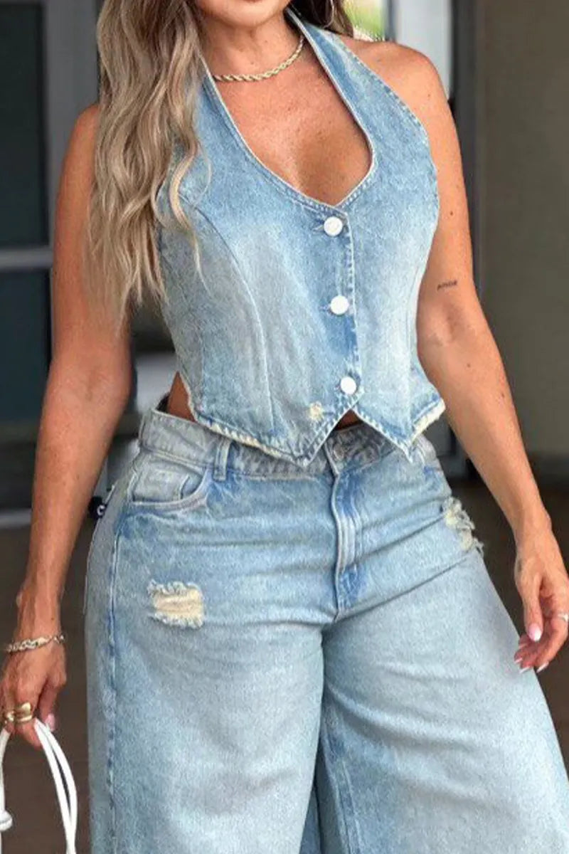 Hot Selling Women's Casual Denim Tops And Shorts