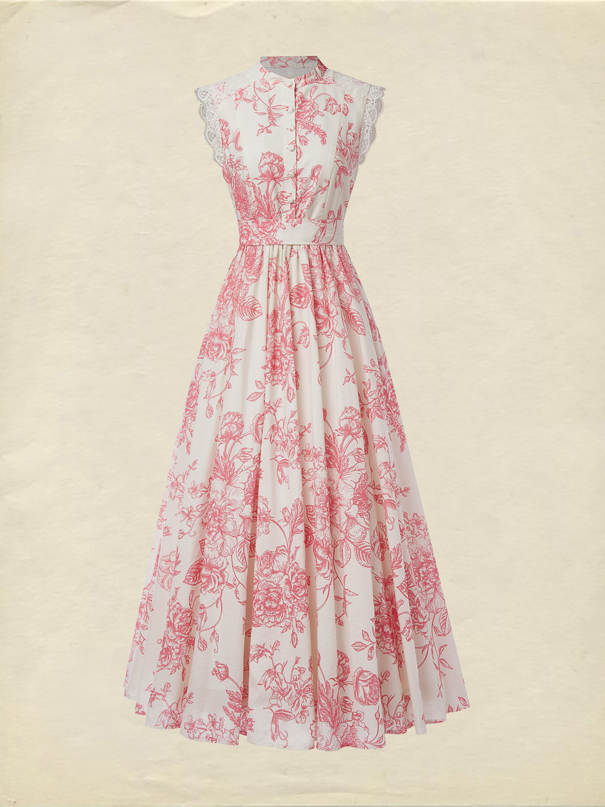 (SIZE:XS-XXL) Maxi Linen Dress , Cap Sleeves, Stand Collar, Floral, Lace, Vintage, Apricot