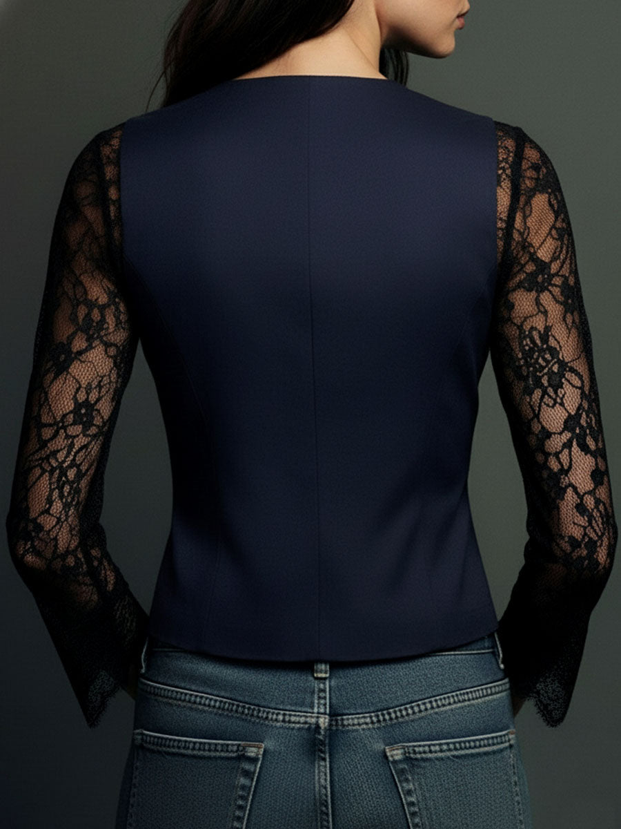 Elegant Black Lace Panel Sleeve Blazer Top