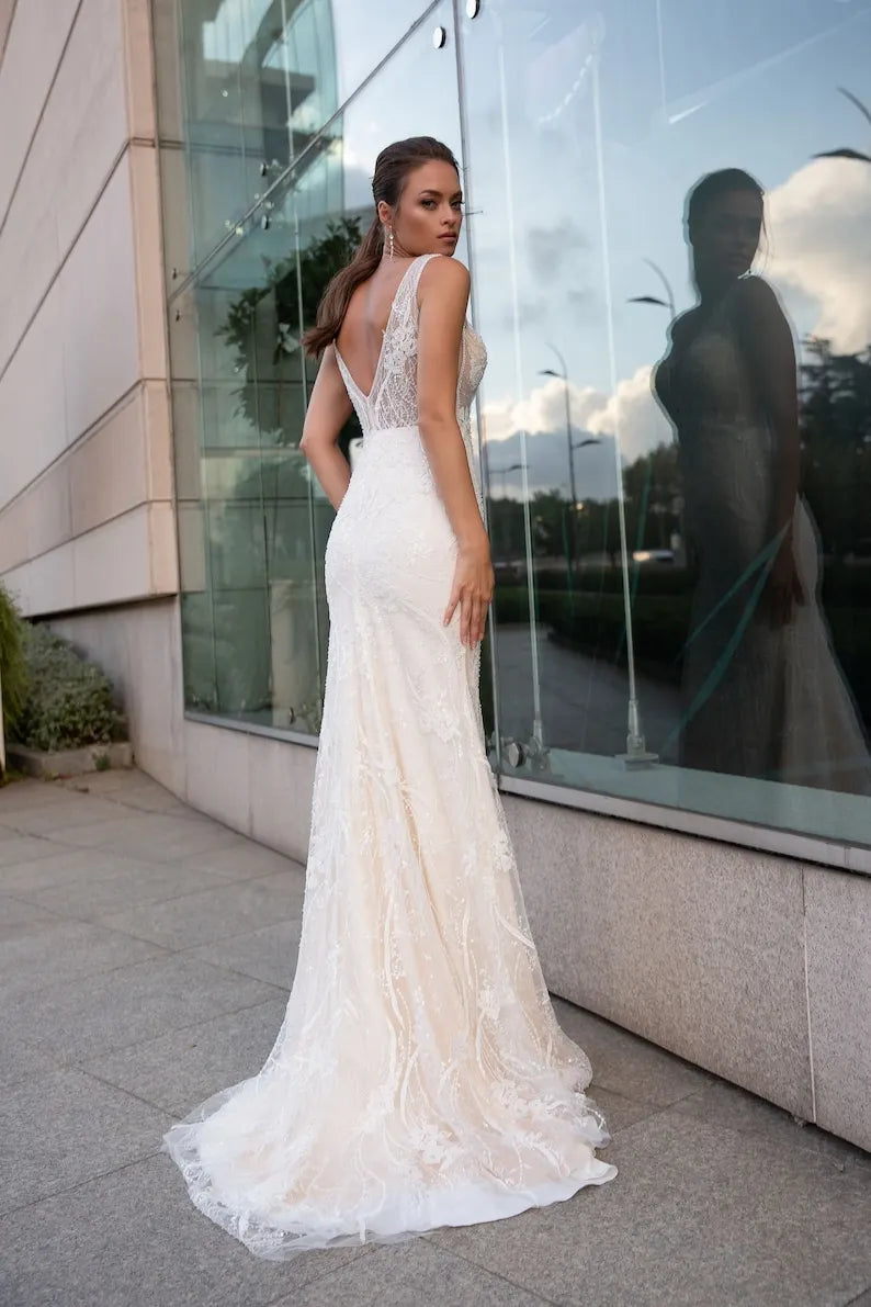 Simple A-Line Lace Wedding Dress, Minimalist Deep V Neck Bridal Gown, Wedding Dress, Lace Wedding Dress, Custom Romantic Wedding Gown
