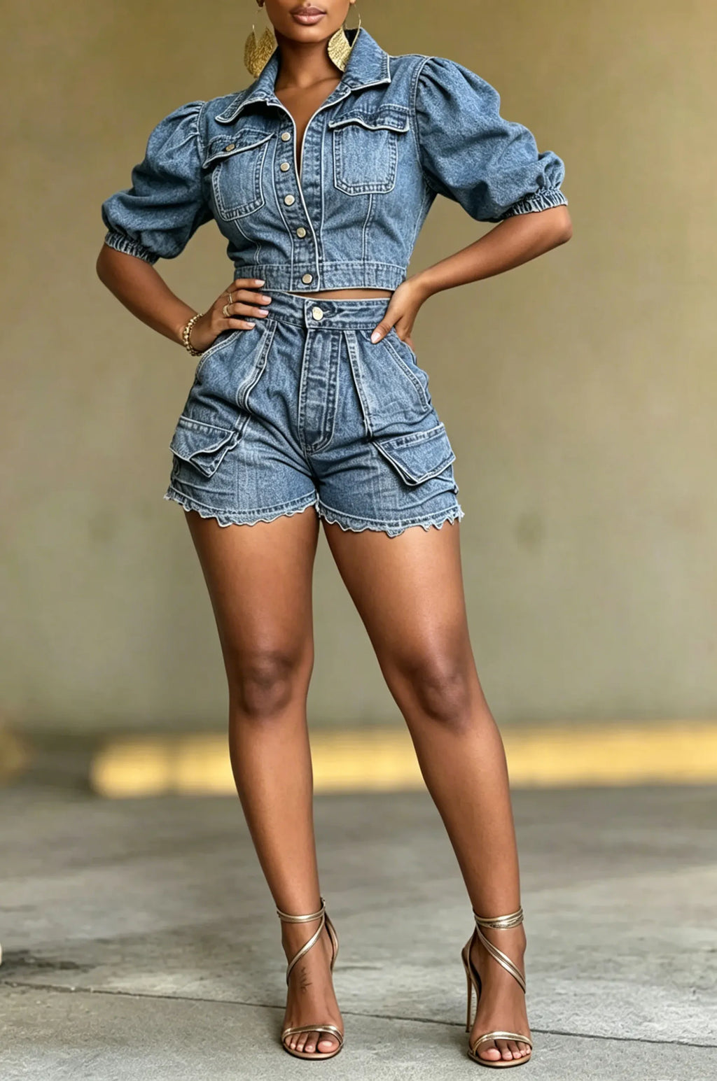 Women's Casual Puff Sleeve Denim Shirt & Shorts
