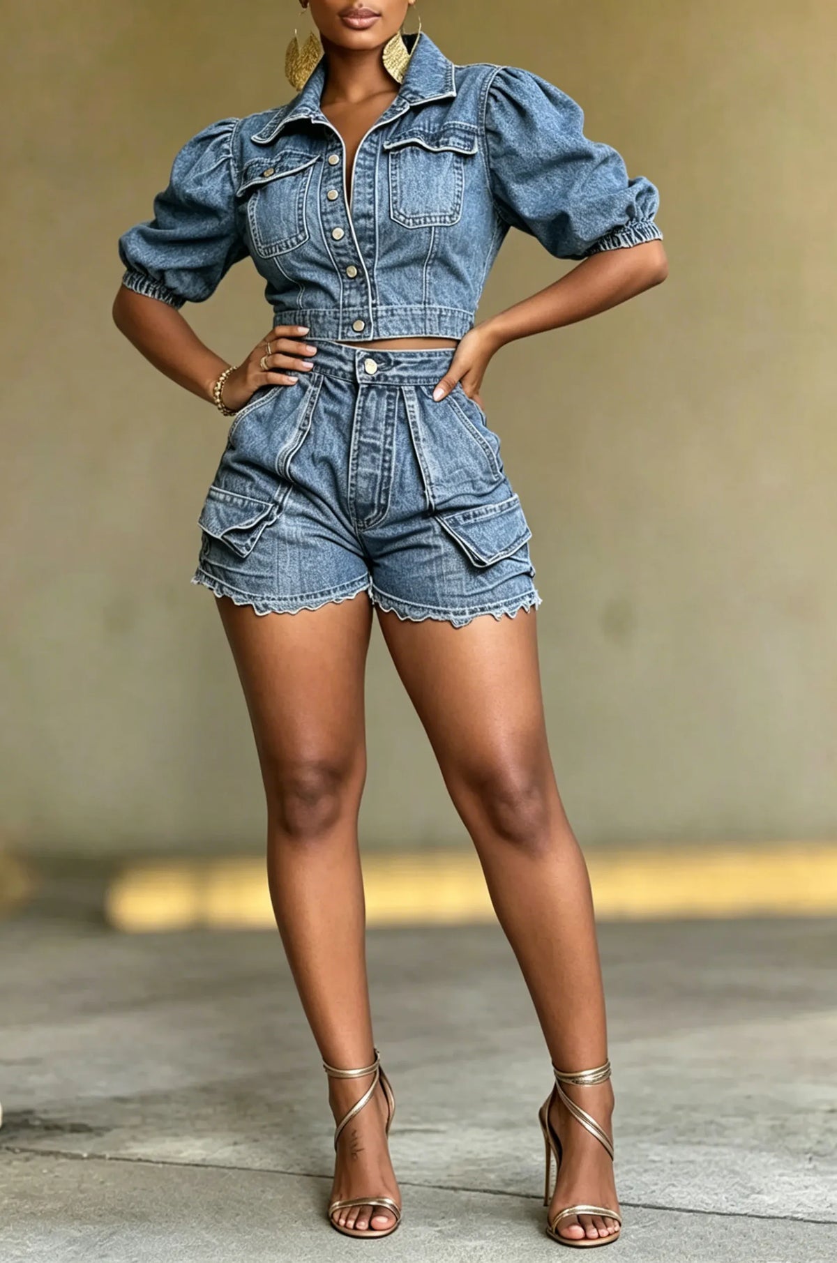 Women's Casual Puff Sleeve Denim Shirt & Shorts