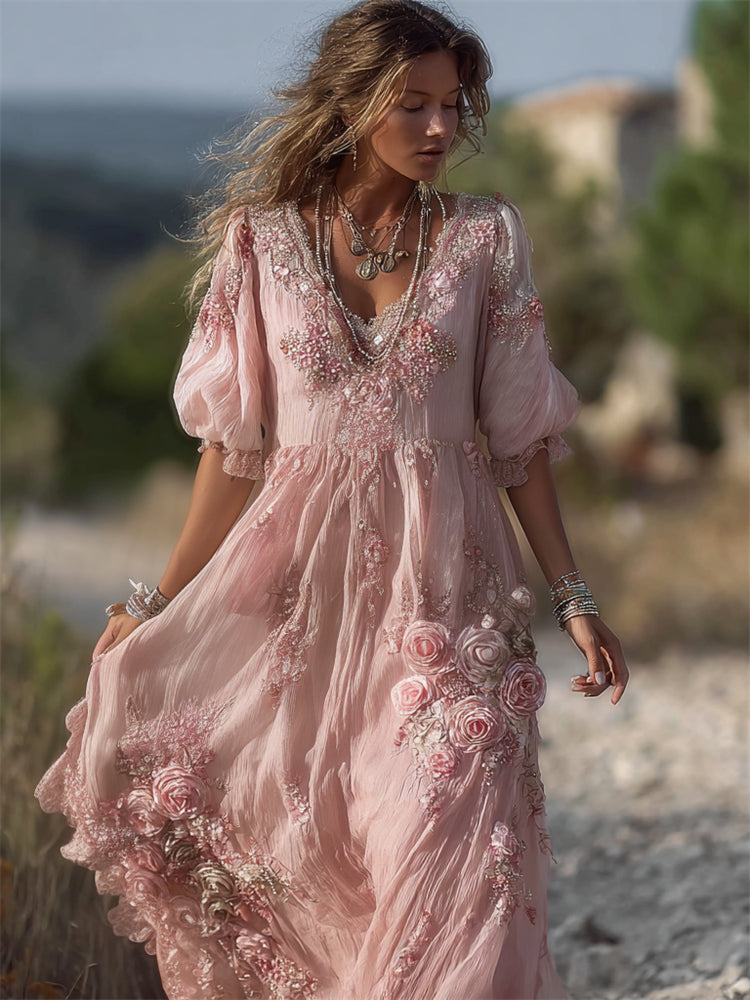 Vintage Boho Pink Roses Glitter Lace Flowy Linen Maxi Dress