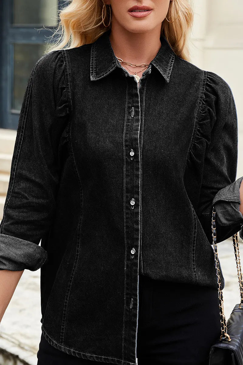 Women's Cropped Denim Shirt With Raw Hem Shoulder Detail