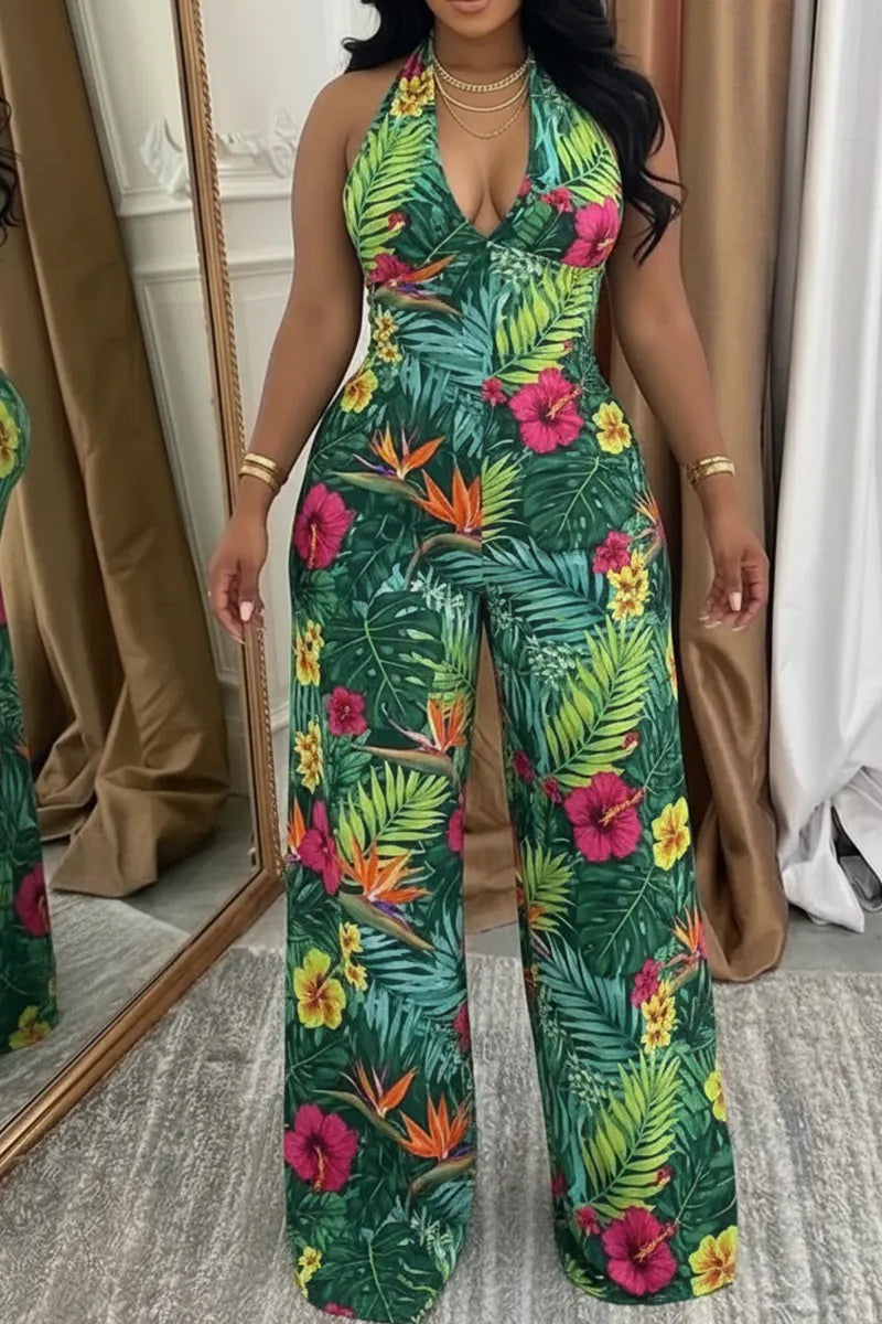 Women's Elegant Printed Backless Denim Jumpsuit
