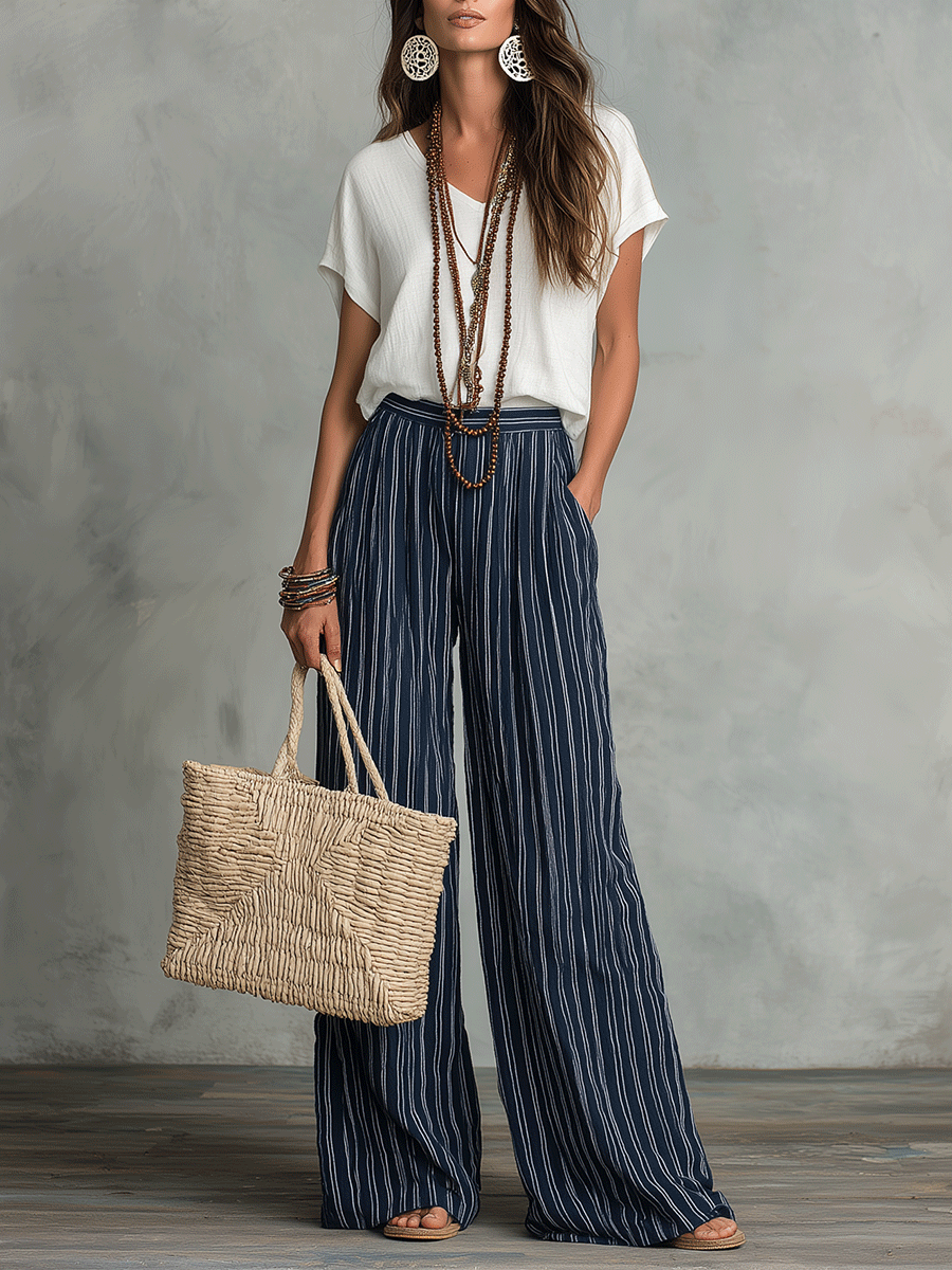 Relaxed Effortless Bohemian Stripe Wide-Leg Pants Set