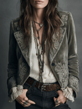 Vintage Grey-Green Velvet Embroidered Cropped Jacket