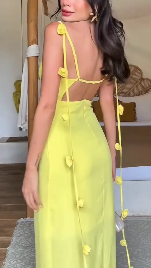 Backless Shoulder Flower Strap Halter Maxi  Dress