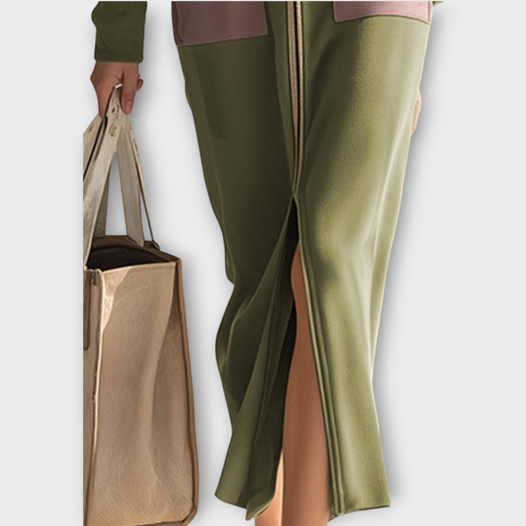 Zip-Up Maxi Dress with Contrast Pockets