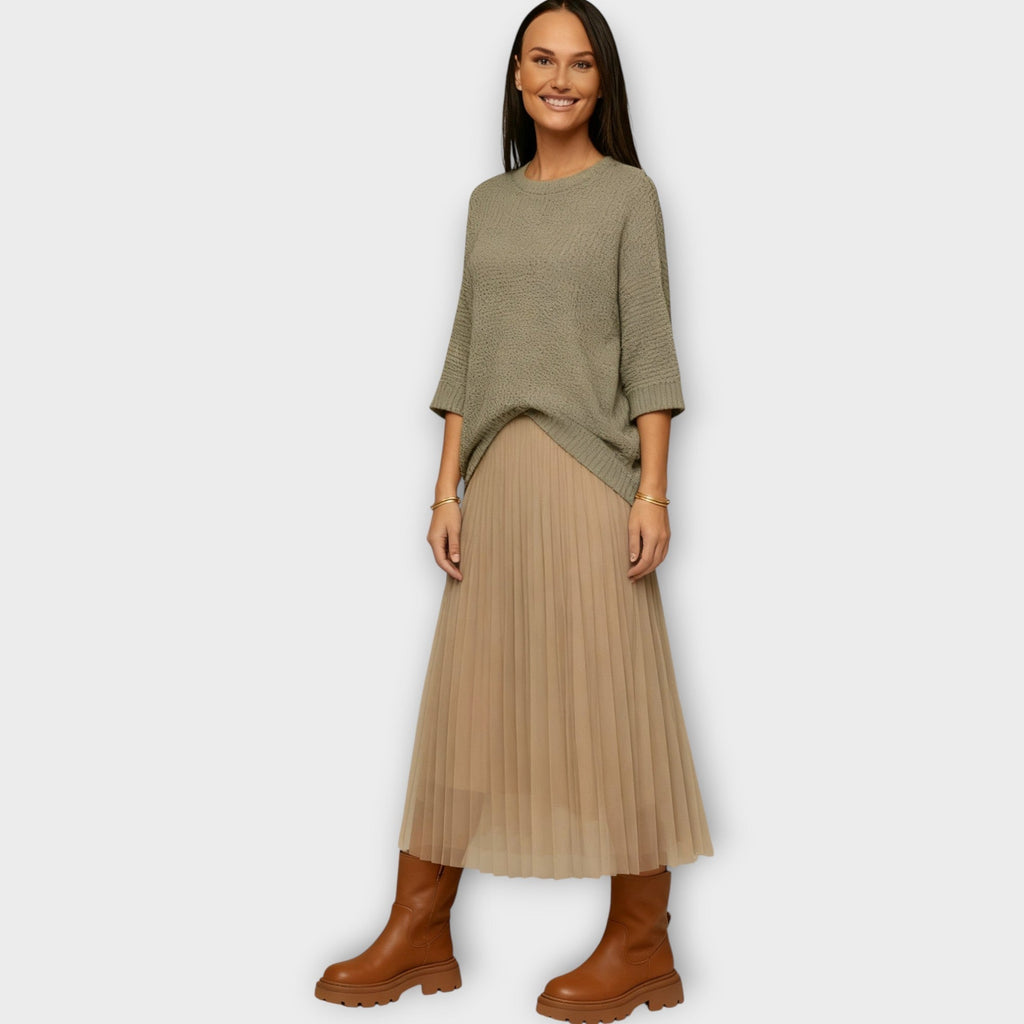 Layered Knit Top & Pleated Midi Skirt Set
