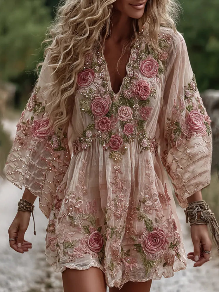 Women's Vintage Rose Embroidery Art Comfy Linen Mini Dress
