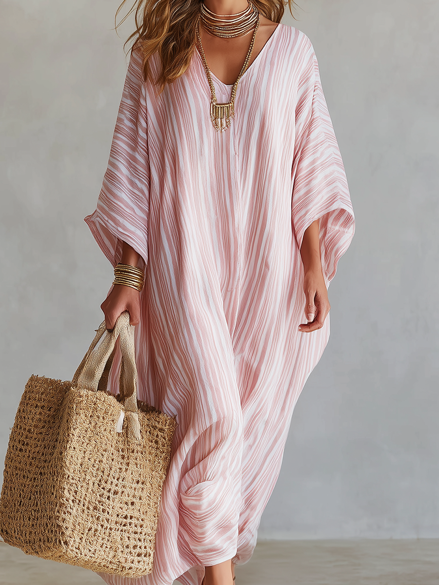 Bohemian-style Soft Pink Striped Kaftan Dress