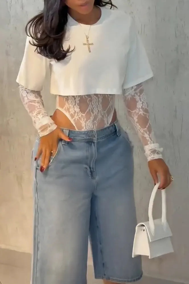 Women's Elegant Two-Piece Lace Mesh Bodysuit