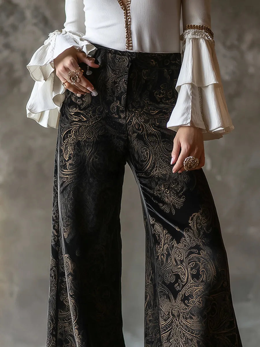 Vintage High-waisted Velveteen Paisley Print Wide-leg Pants