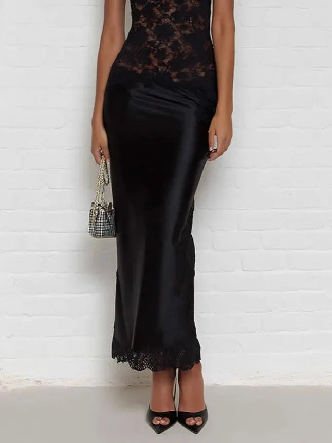 Black Lace One Shoulder Sleeveless Sheath Maxi Dress