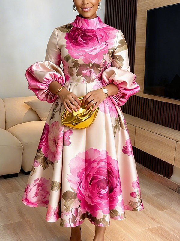A-Line Long Sleeves Elasticity Flower Print Pleated Mock Neck Maxi Dresses