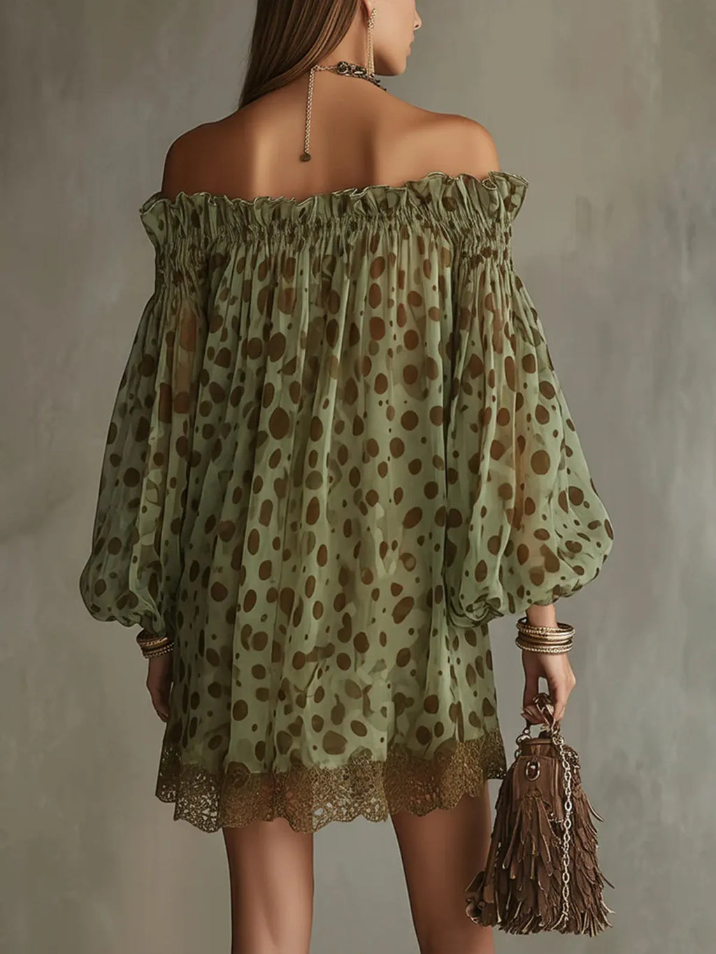 Olive Polka Dot Off-Shoulder Sheer Balloon-Sleeve Lace Hem Mini Dress