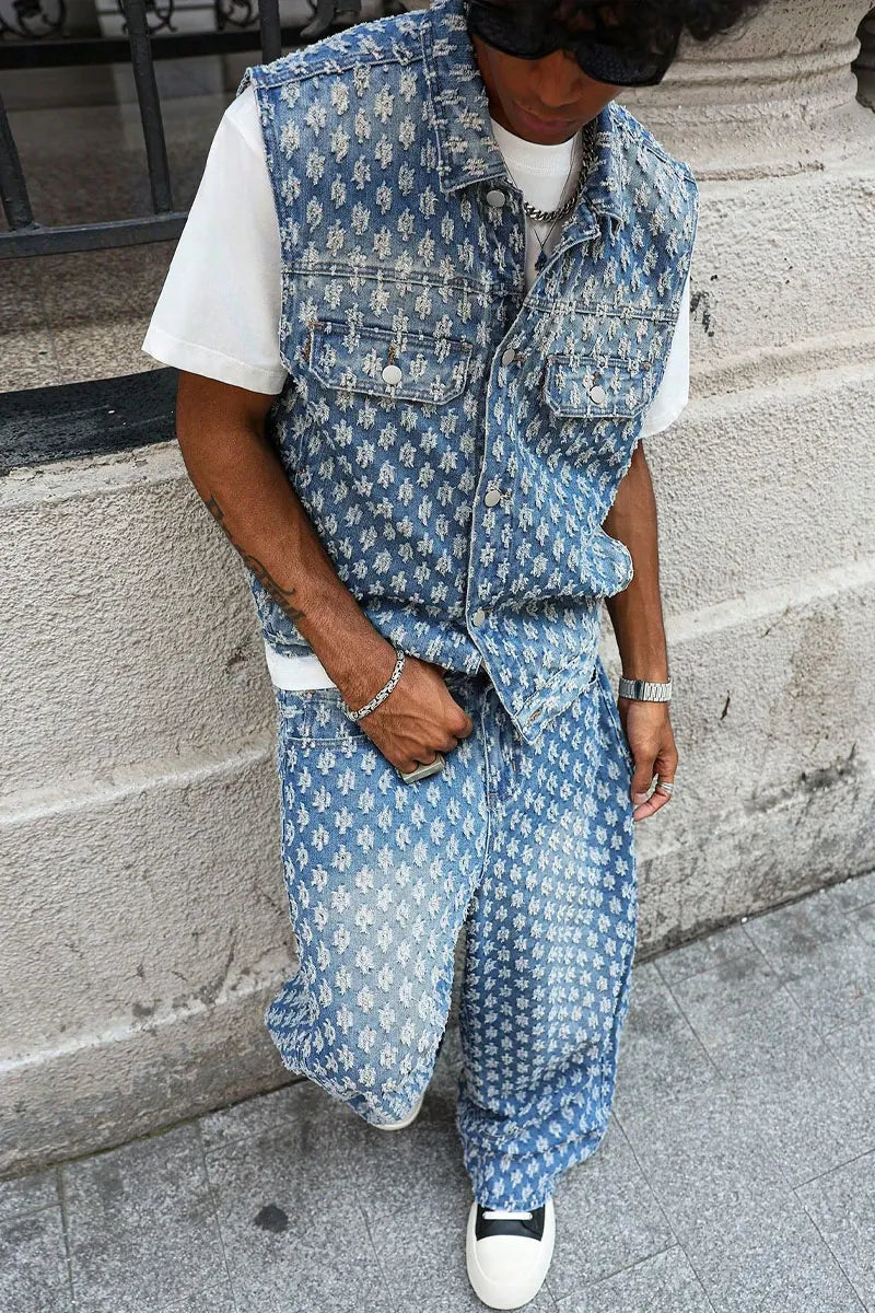 Men's Floral Jacquard Denim Vest Shirt & Stylish Long Pants
