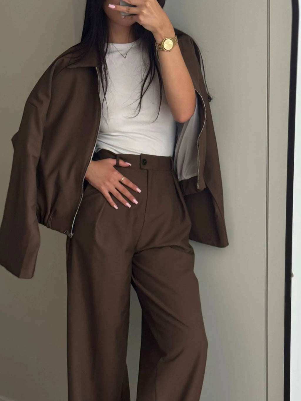 Zippered Jacket And Wide-leg Pants Two-piece Suit