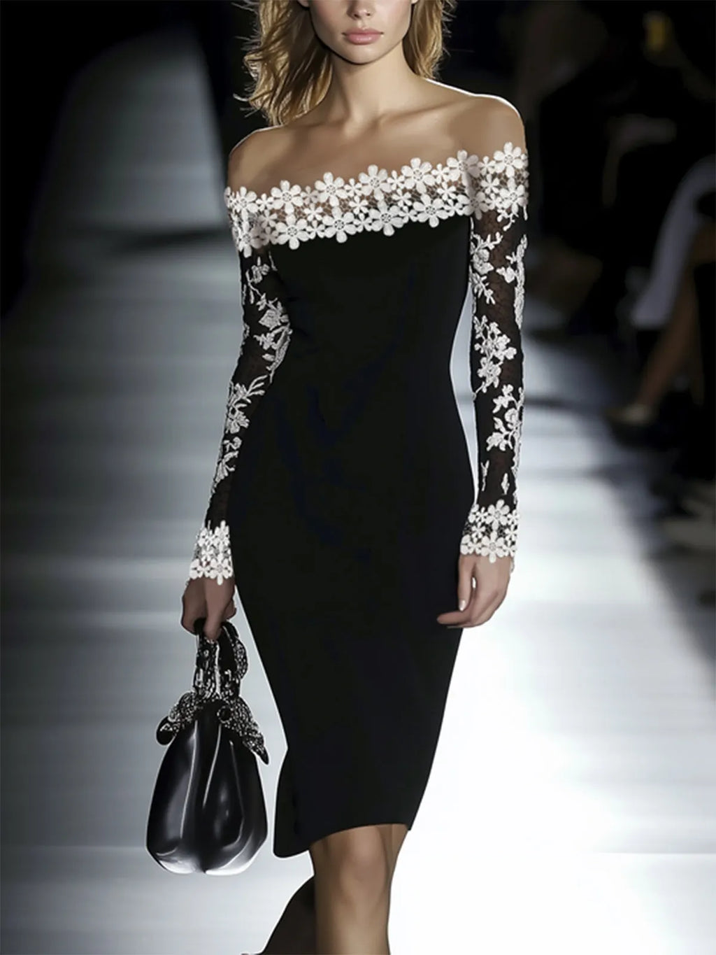 24-Hour-Shipping Lace Neckline Hip Dress