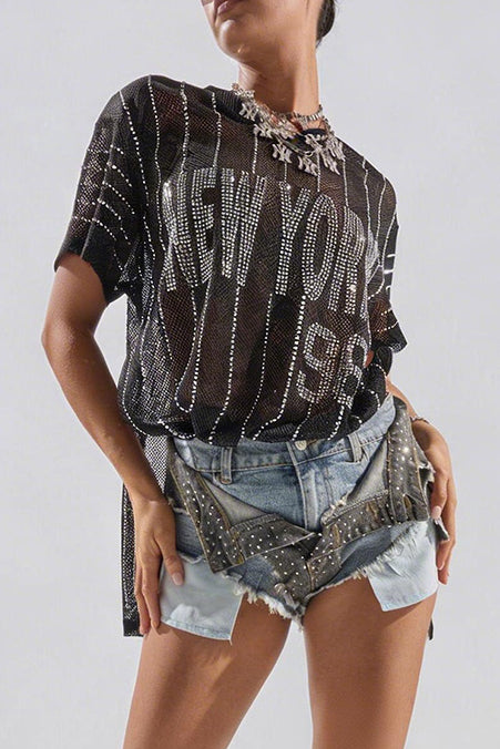 Women's Casual Rhinestone Mesh Top & Layered Denim Shorts