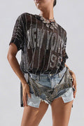 Women's Casual Rhinestone Mesh Top & Layered Denim Shorts