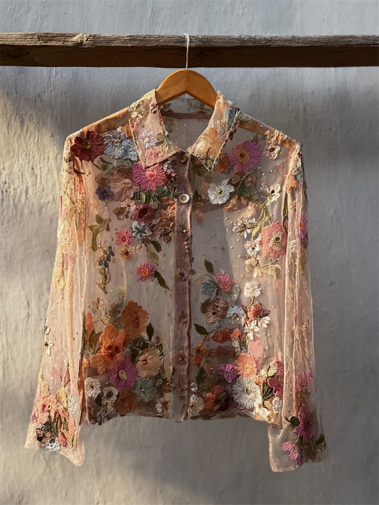 Vintage Classy Floral Embroidered Flowy Blouse