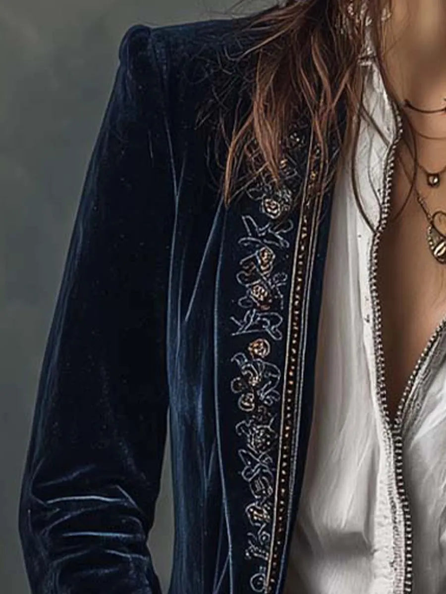 Vintage Navy Velvet Embroidered Long Jacket