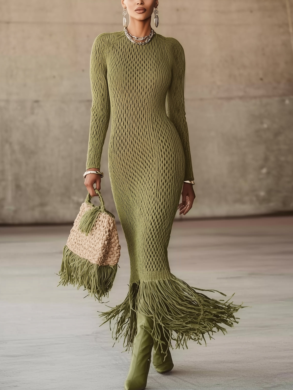 24-Hour-Shipping Olive Green Knit Fringe Hem Bodycon Maxi Dress