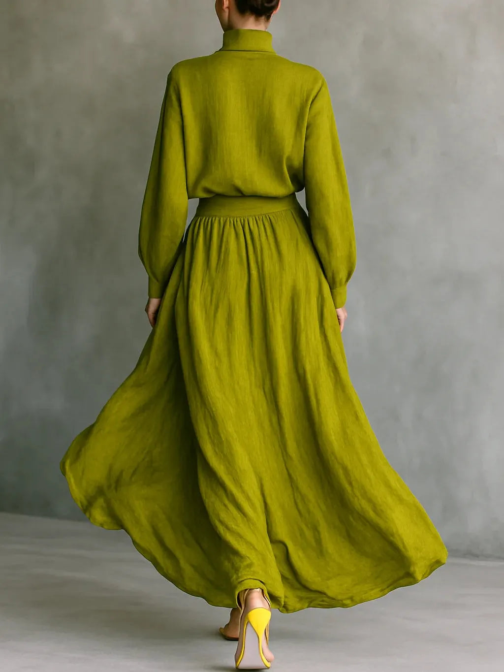 Green Turtleneck Top And High-waisted Skirt Set