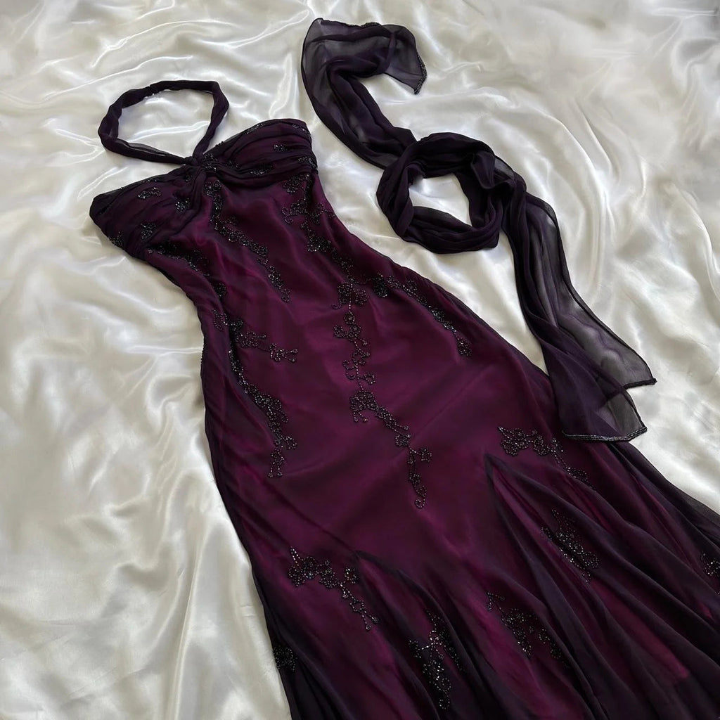 Purple exquisite elegant backless beaded long prom dress evening gown graduation dress