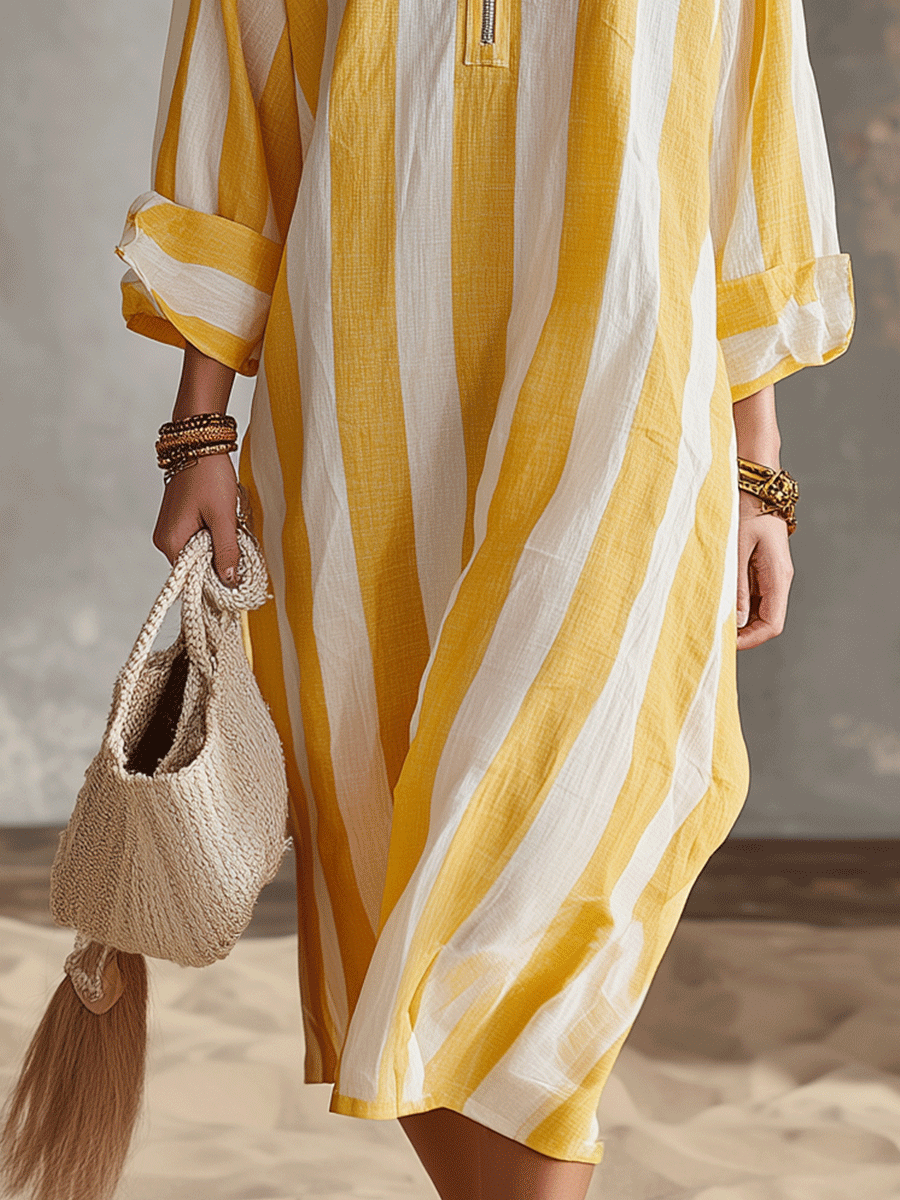 Relaxed Striped Resort Yellow & White Stripe Midi Dress