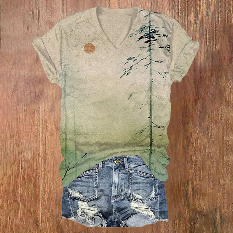 Women's Mountain Sunrise Painting Art Print V Neck T-Shirt