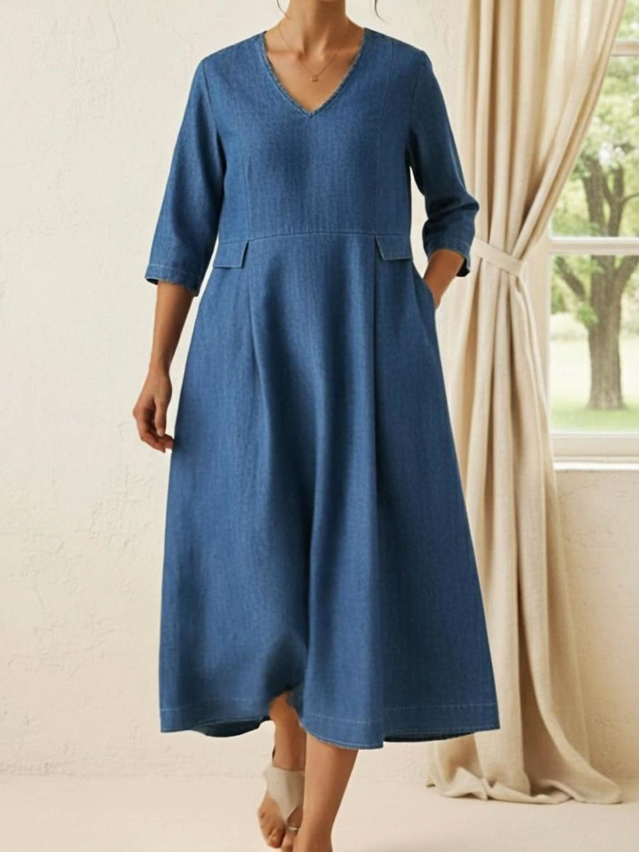 Retro V-neck Denim A-line Dress
