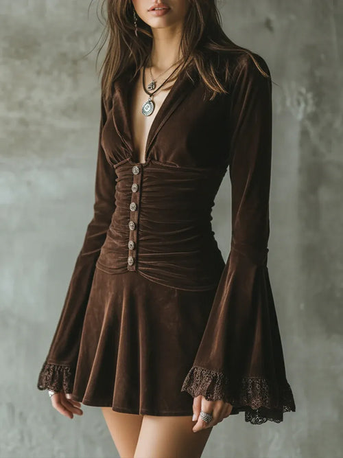 Dark Brown Velvet Button-down Lace Bell Sleeve Pleated Mini Dress