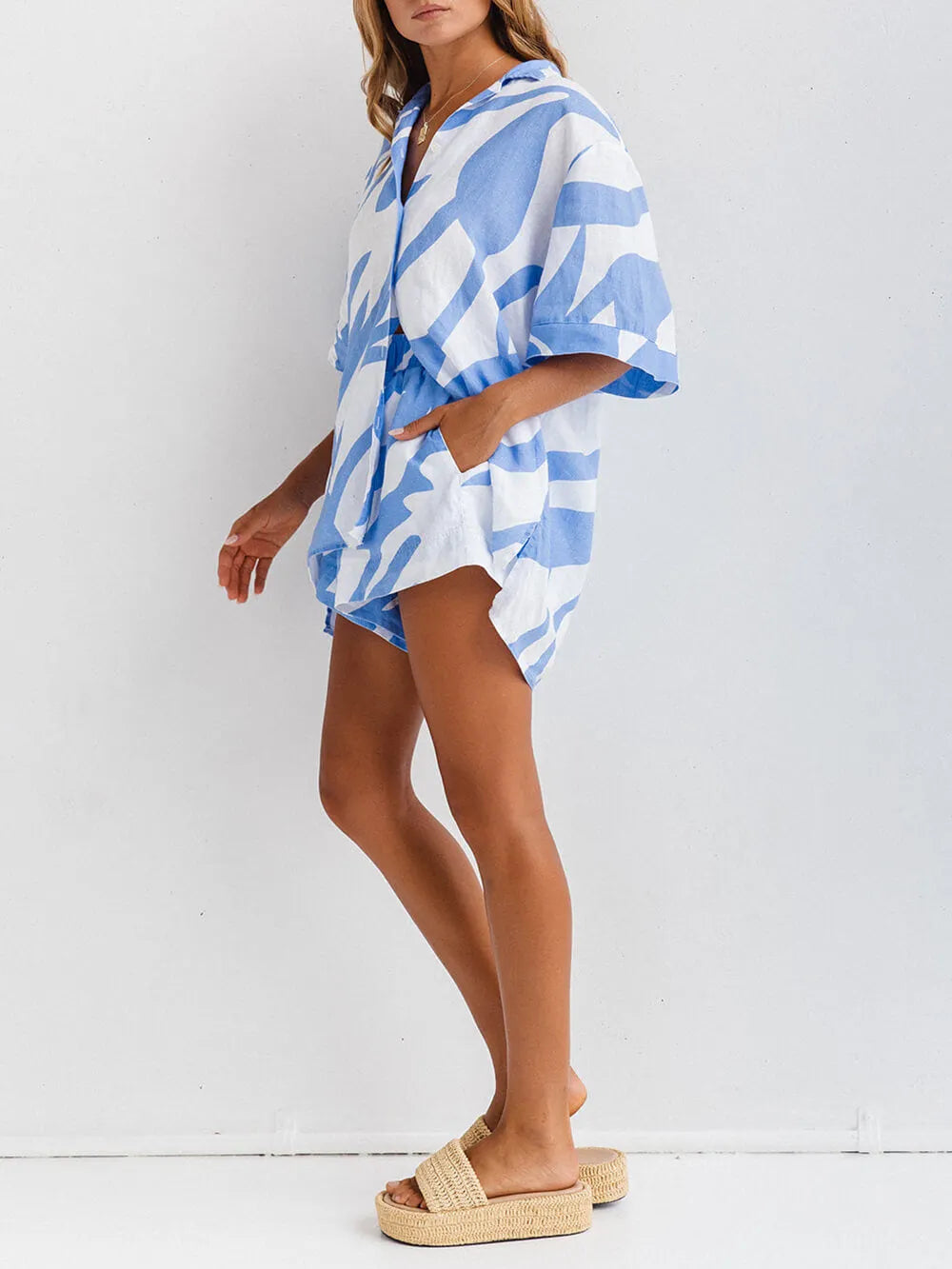 Loose Printed Island Blue Shirt Short Resort Style Suit
