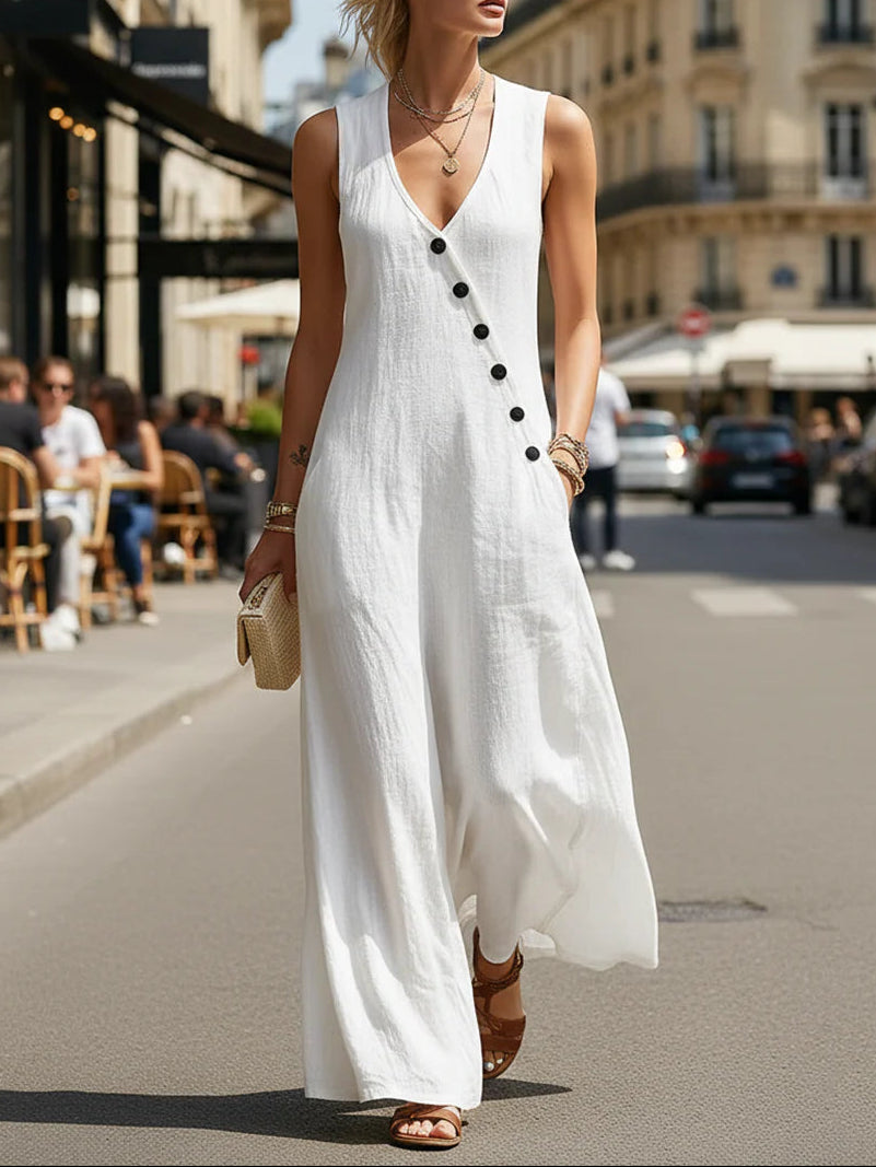 loose sleeveless V-neck diagonal button white dress