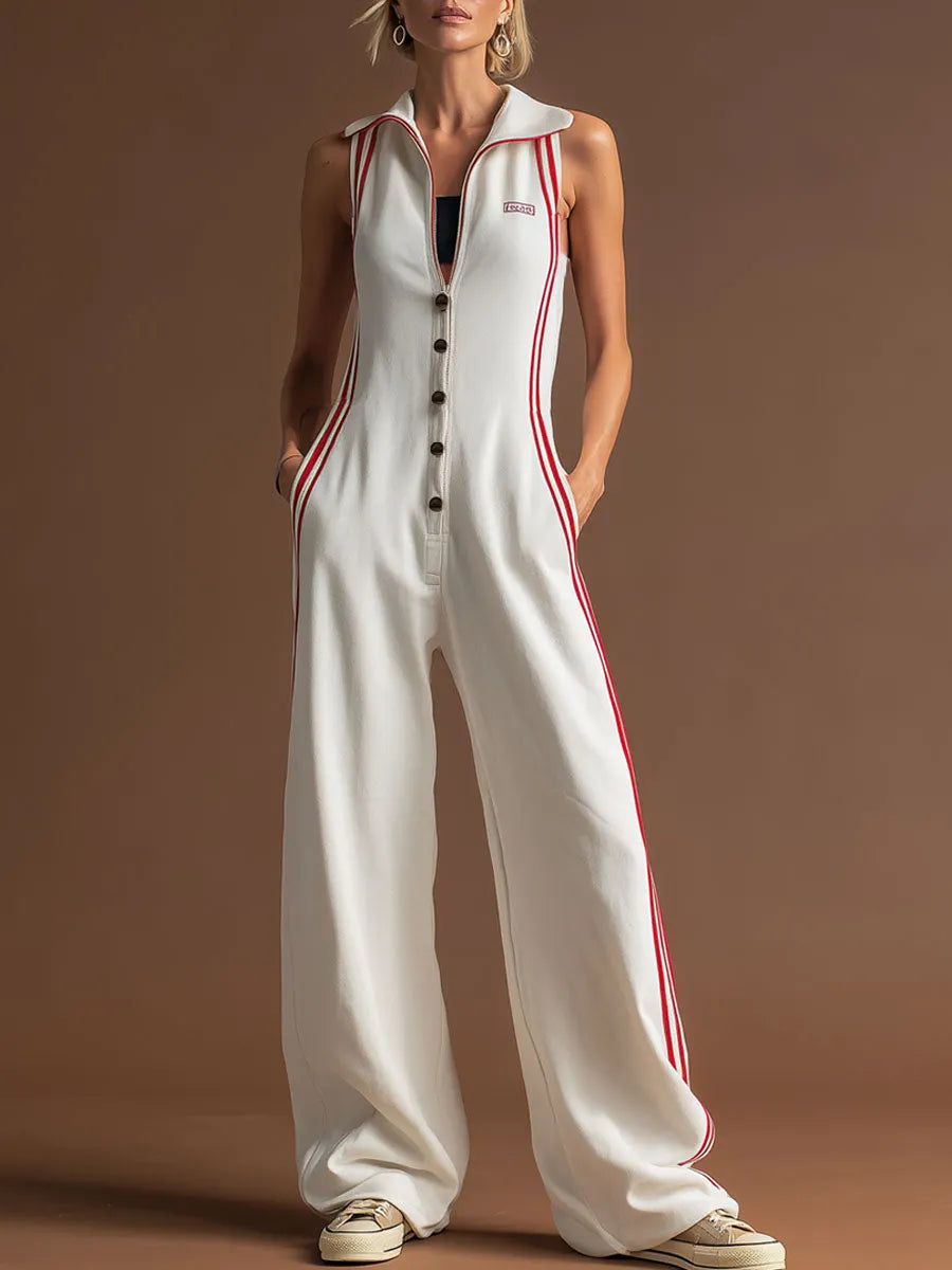 Sporty Retro Red Ribbon White Cotton Sleeveless Jumpsuit