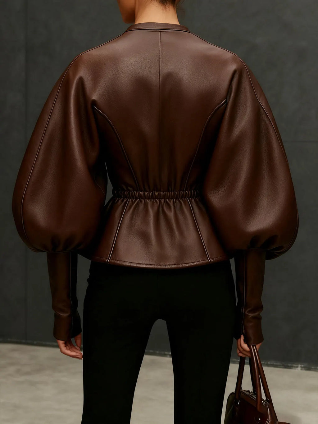 24-Hour-Shipping Brown Faux Leather Jacket With Balloon Sleeves