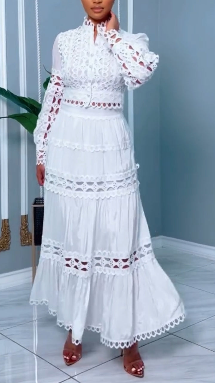 Womens Round Neck Top+ Spliced Hollow Half Skirt Solid Color Casual Lace Set