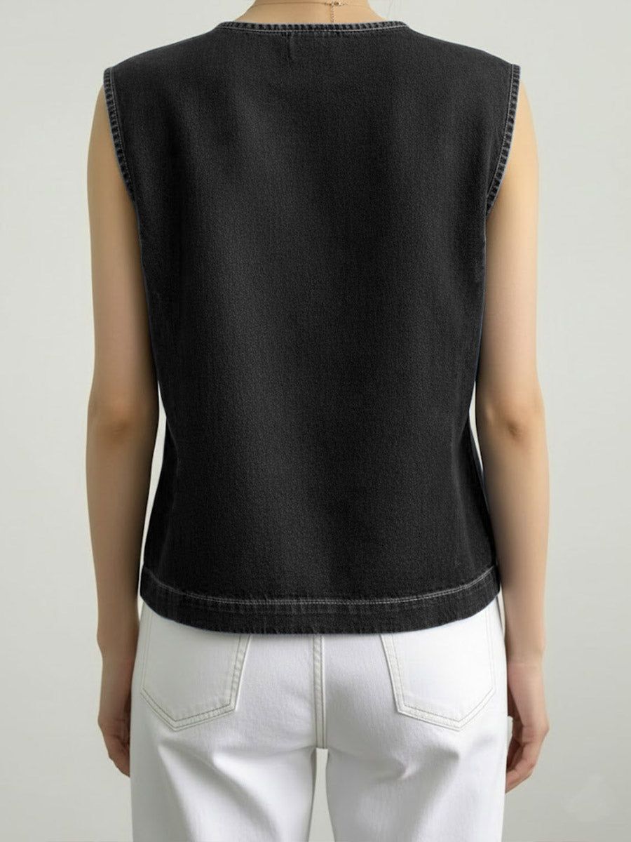 Women's Round Neck Sleeveless Loose-fitting Casual Denim Top
