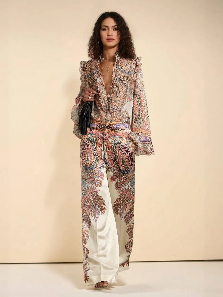 Exquisite Vintage Paisley Print Wide-leg Pants