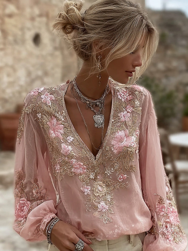 Women's Pink Floral Embroidered Art V-neck Blouse