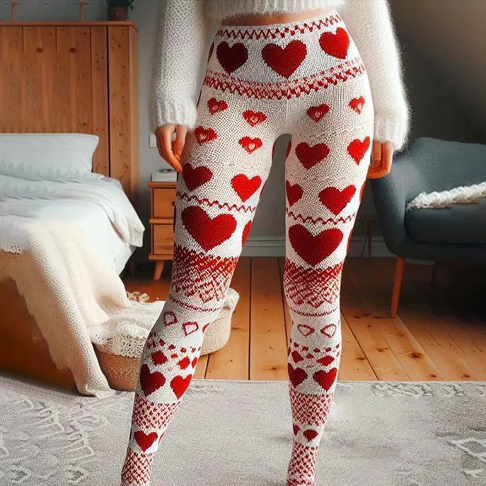 Vintage Valentine Heart Crochet Cozy Knit Leggings