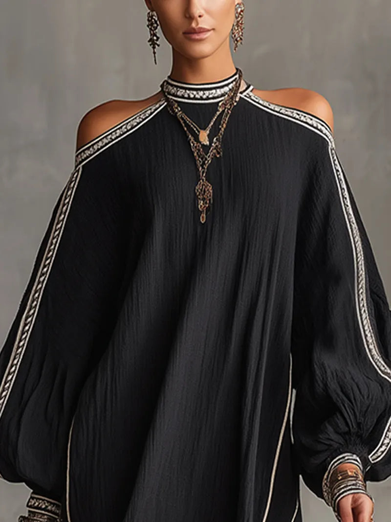 Black Boho Cold Shoulder Lantern Sleeve Linen Mini Dress