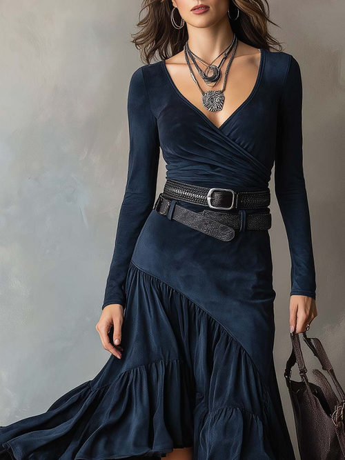 Navy Blue Crossover V-neck Faux Suede Irregular Maxi Dress(with belt)