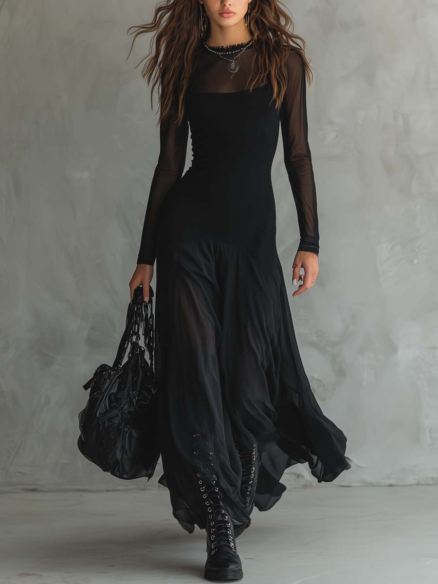 Black Tulle Patchwork Loose-fitting Maxi Dress