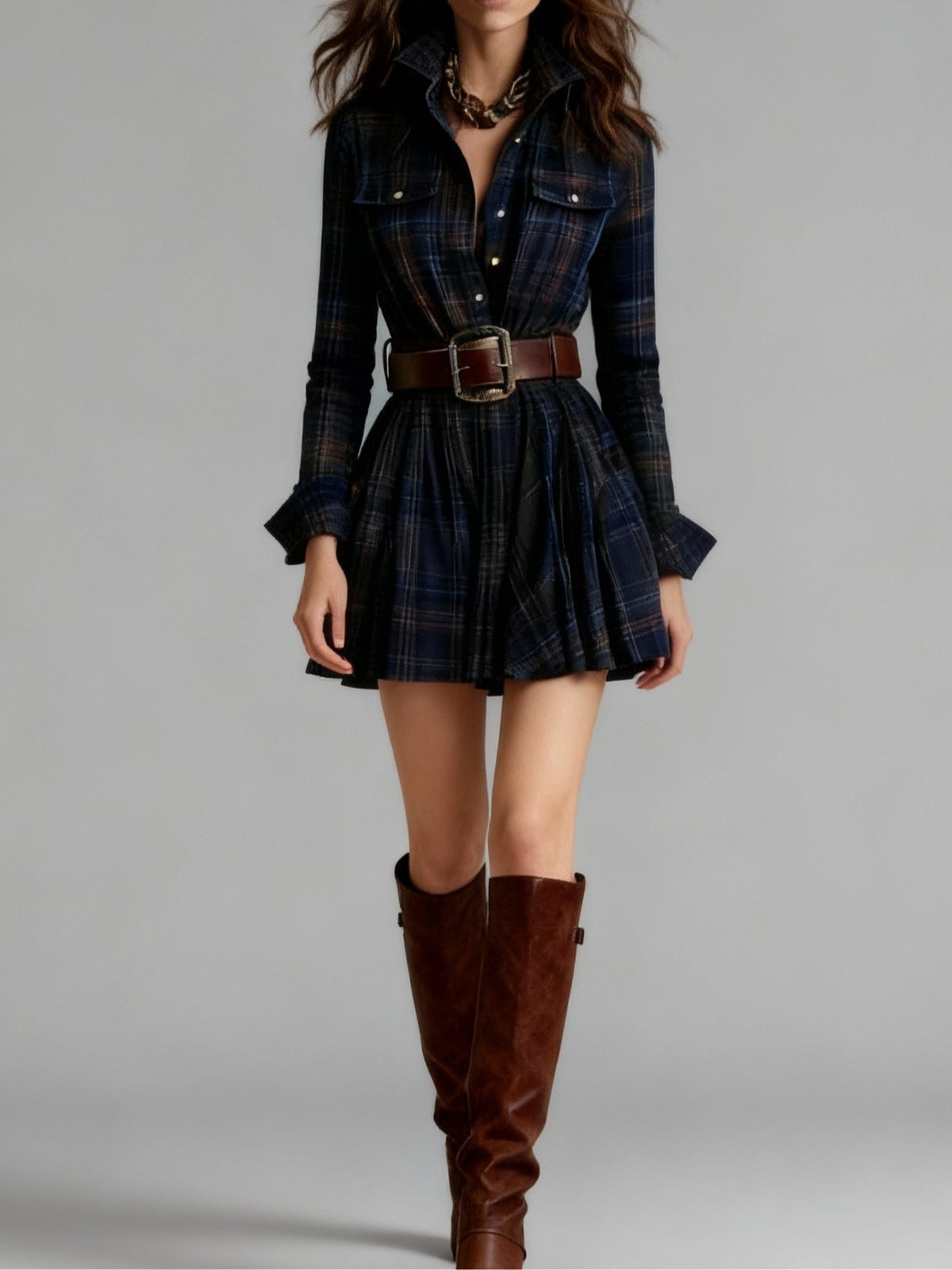 Vintage Lapel Red and Brown Plaid Mini Dress