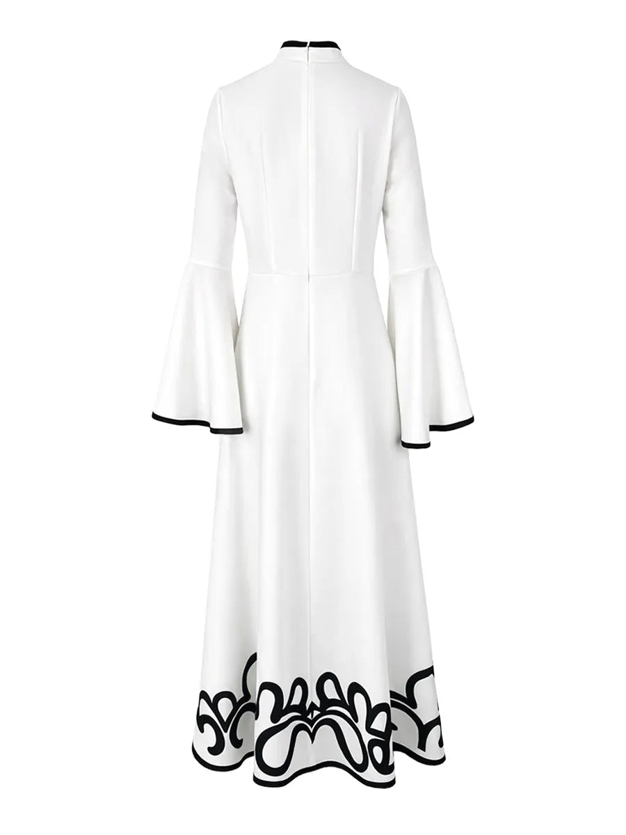 A-Line Flared Sleeves Abstract Printed Contrast Color Hollow Line Split-Joint Stand Collar Maxi Dresses