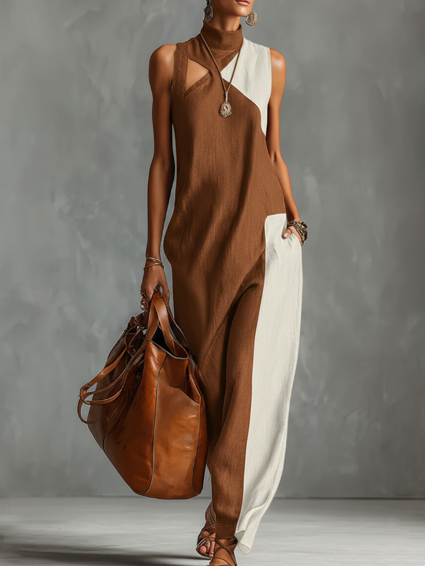 Fashionable Color-blocked Linen-cotton Maxi Dress